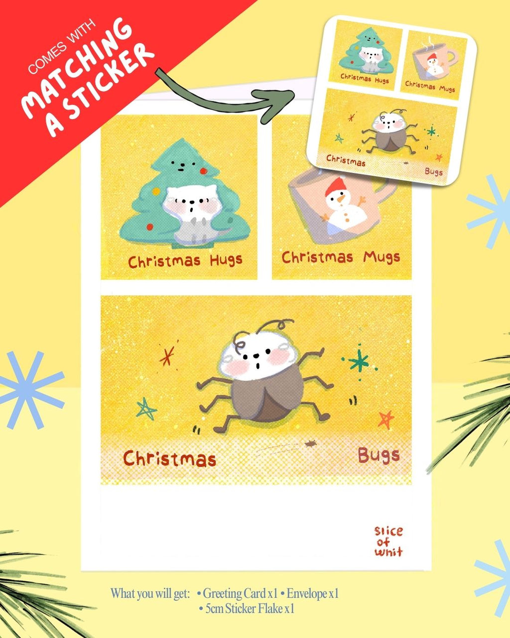 Christmas Hugs? Mugs? Bugs? | Illustrated Greeting Card Art Print Christmas Festive Card