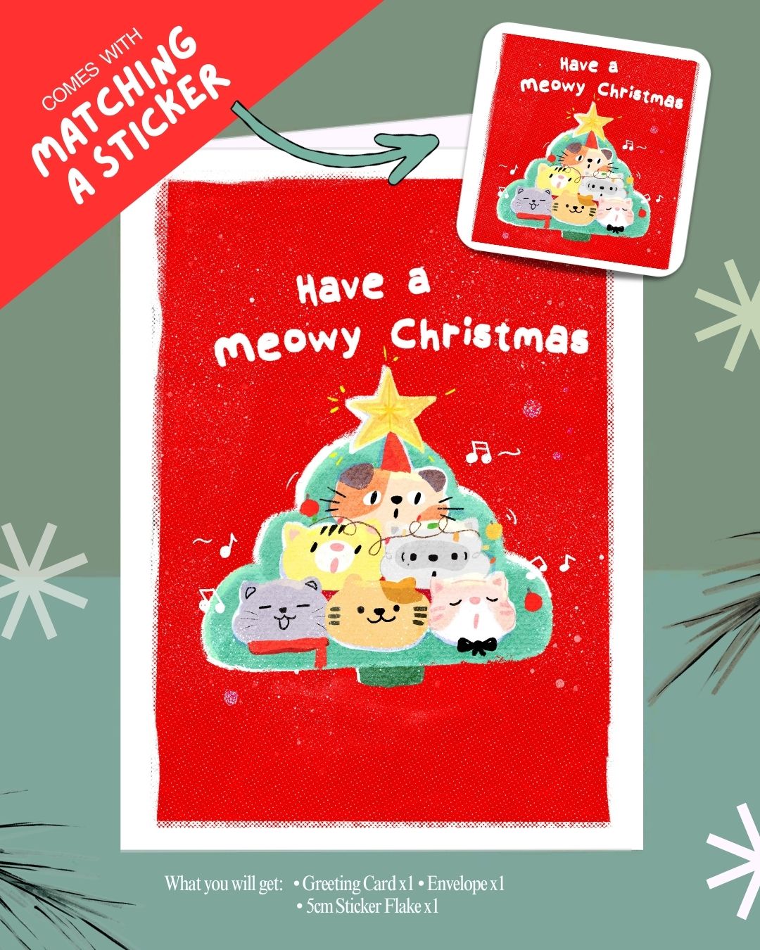 Have A Meowy Christmas | Illustrated Greeting Card Art Print Christmas Festive Card